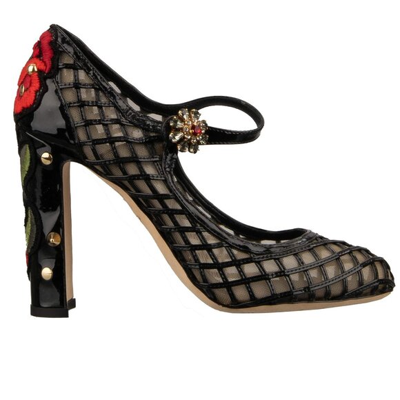 Dolce & Gabbana - Crystal Brooch Pearl Flower Net Patent Leather Heels Pumps Bla